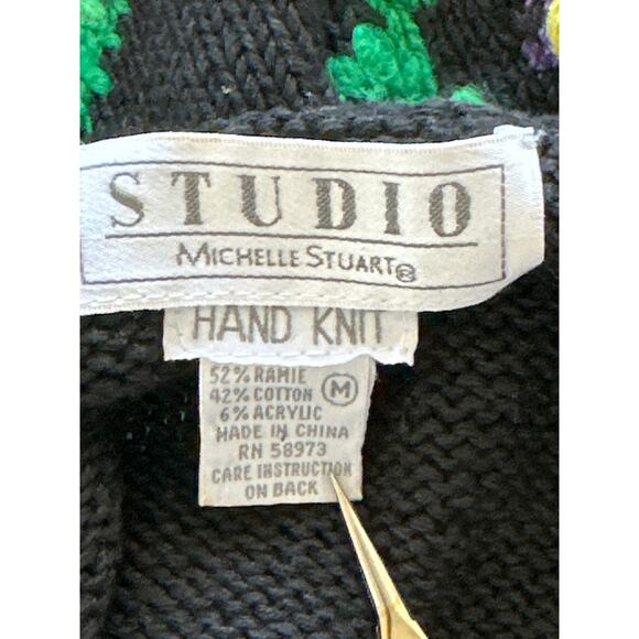 VTG Hand Knit Cardigan Sweater M Black Color Embroidered Floral Dark Coquette - Picture 7 of 12